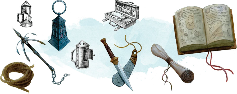 Strona zawiera tabelę wyposażenia poszukiwaczy przygód, bez osobnej ilustracji do wycięcia.
