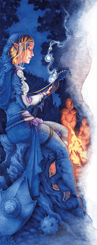 Czarodziejka przy magicznym ogniu, ilustrująca rzucanie czarów i rytuały.