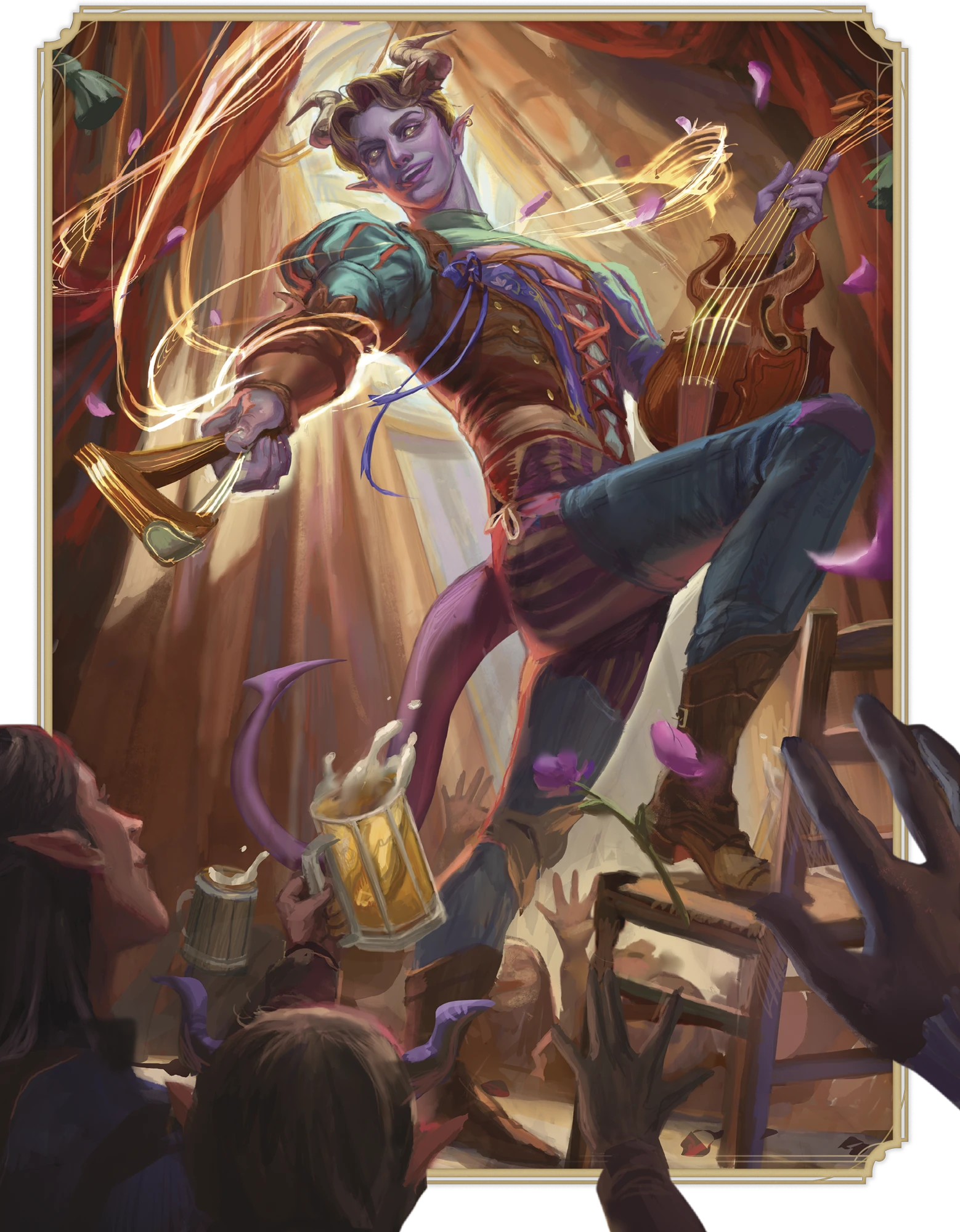 Bard z instrumentem pośród magicznych świateł.